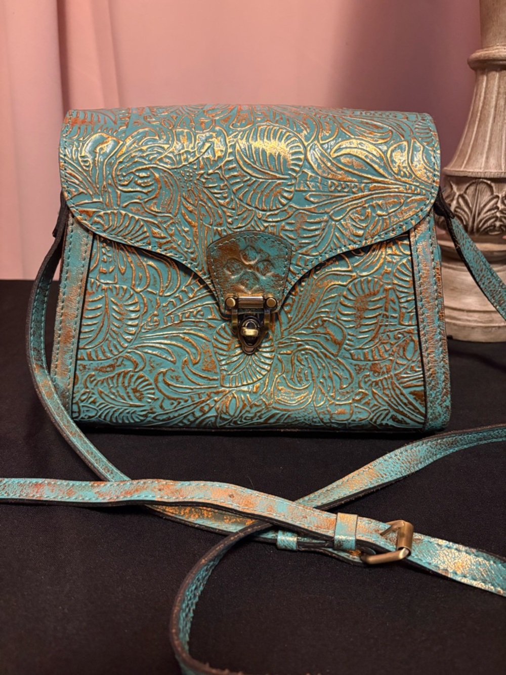 Patricia Nash Turquoise and gold Embossed Leather Crossbody Bag